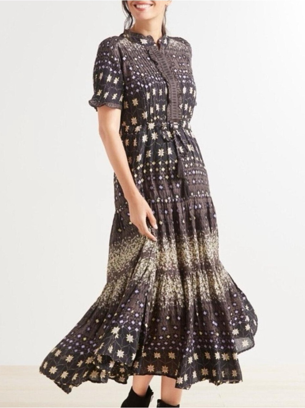 Free People Black Maxi  Dress with Lavender and Cream Floral Print